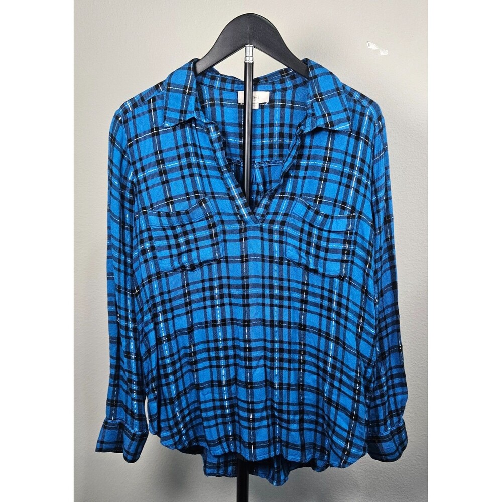 LOFT Outlet Blue Plaid Popover Blouse Women's Medium Long Sleeve Metallic Accent